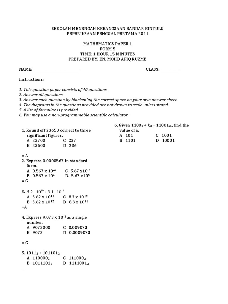 Soalan Peperiksaan Tengah Tahun Matematik F5 | PDF | Teaching Methods ...