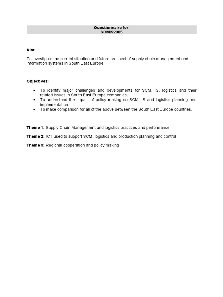 Questionnaire For SCMIS2005 PDF Supply Chain Supply Chain Management