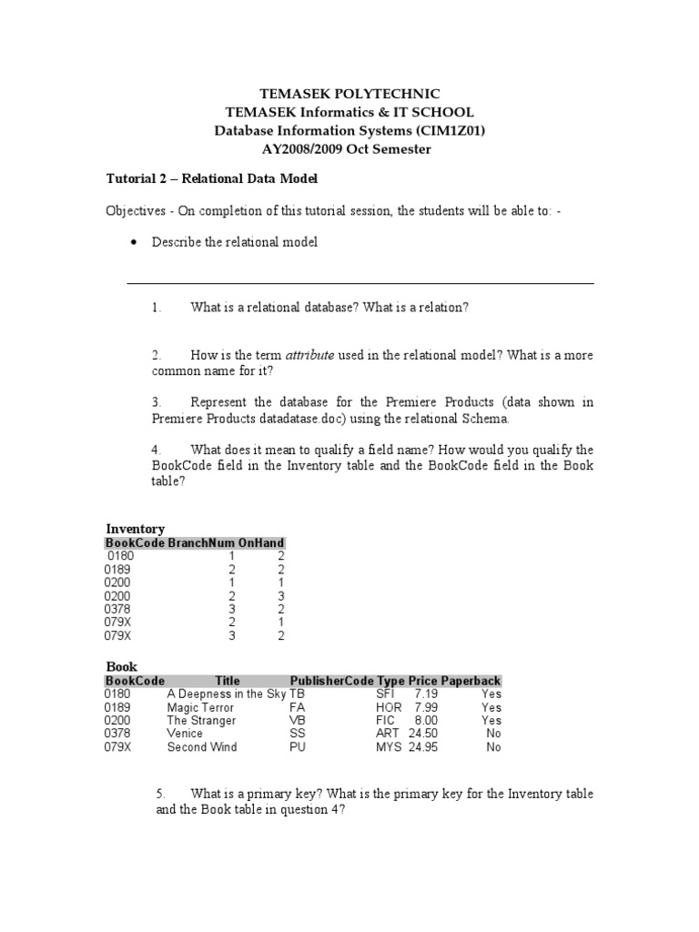 Tutorial 2: Relational Data Model | PDF | Relational Database ...
