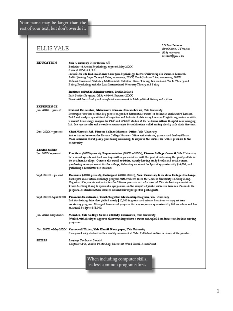 yale college resume template