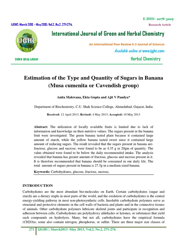 Sugar in Banana PDF Banana Carbohydrates