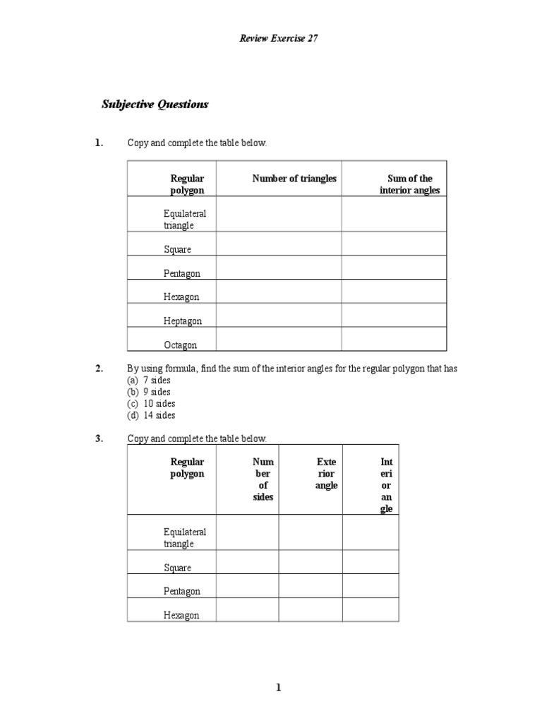 Review Exercise 27 Subjective Mathematic Form3 Polygon