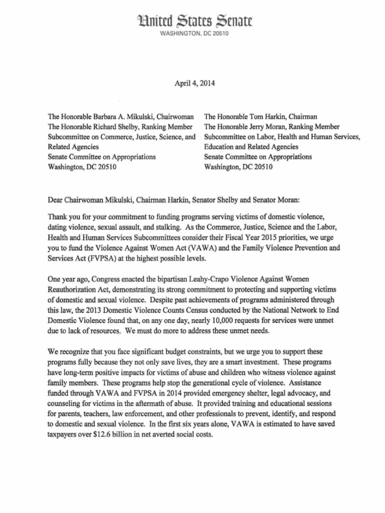 Tester's Letter of Support For VAWA Violence Domestic Violence