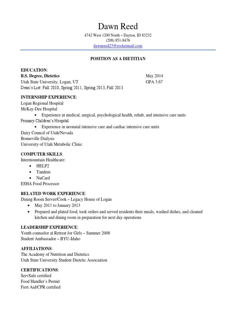 Dawn Reed: Position As A Dietitian Education: B.S. Degree, Dietetics | PDF