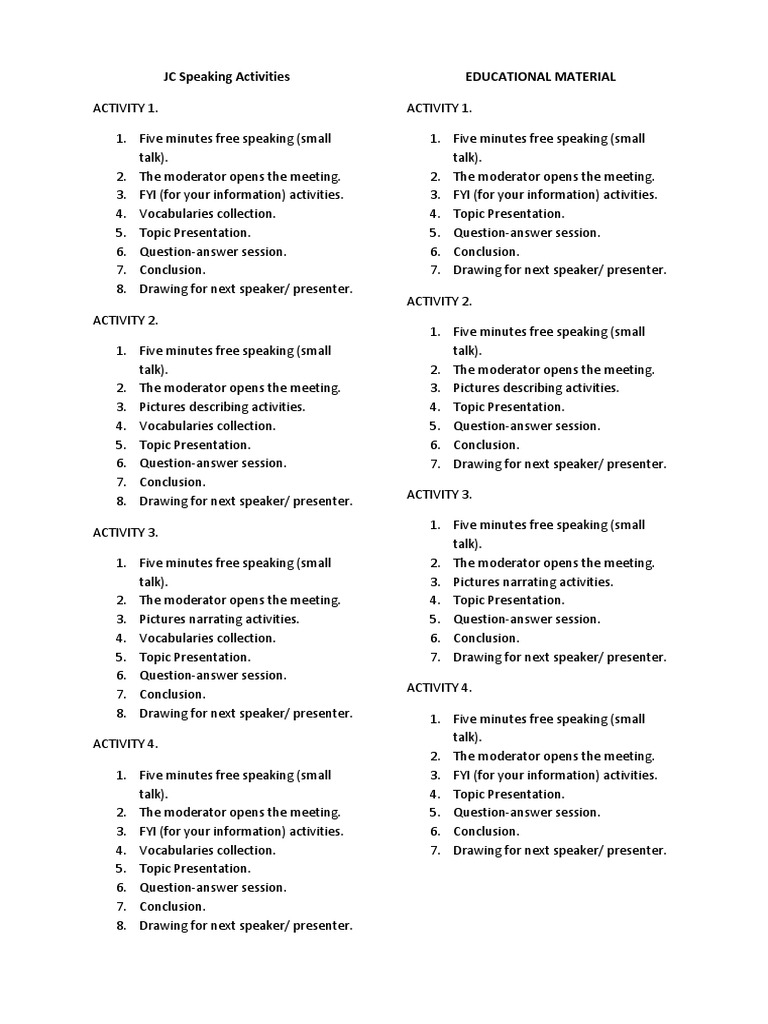 Engaging JC Speaking Activities Guide | PDF | Language Arts ...