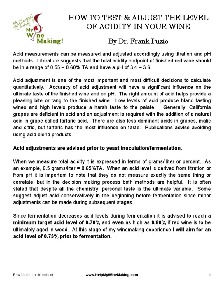 How To Adjust The Level of Acidity in Your Wine PDF Ph Titration