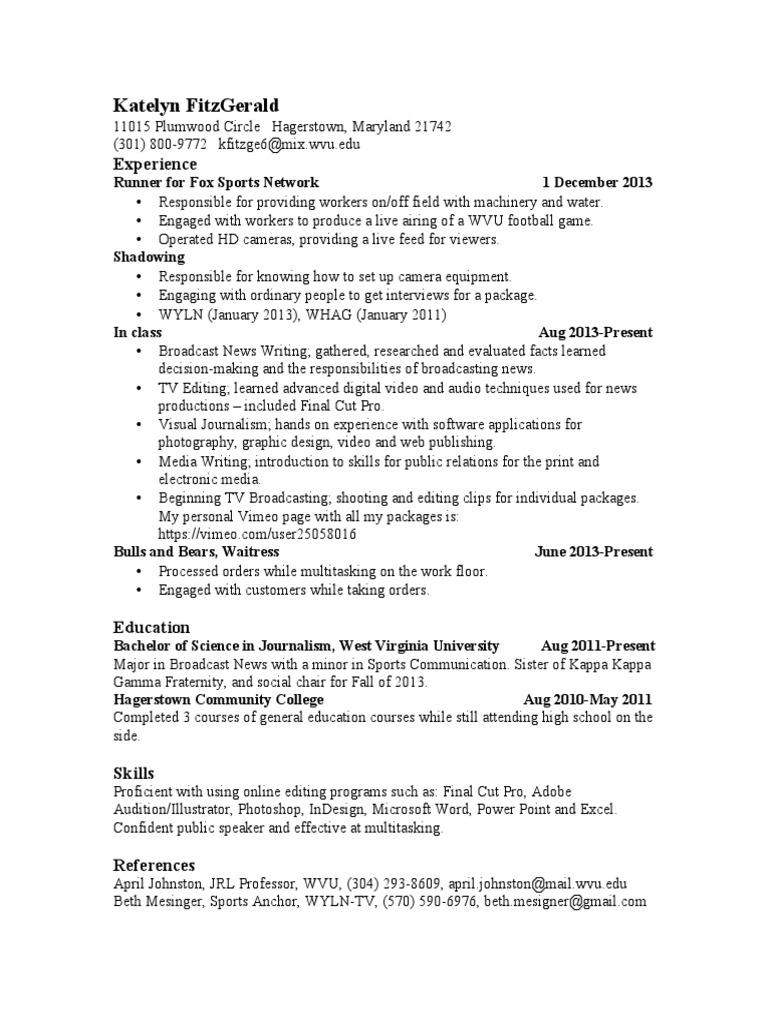 Katelyn FitzGerald: Broadcast Journalism Resume | PDF