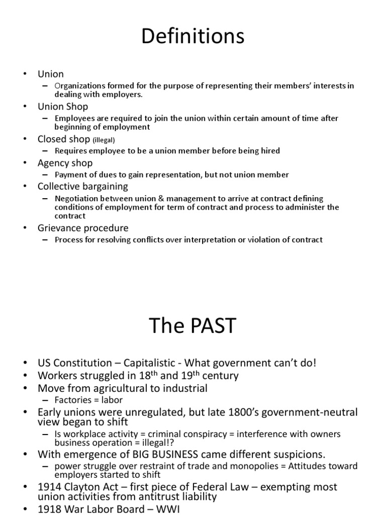 Definitions Union Union Shop Closed Shop Agency Shop