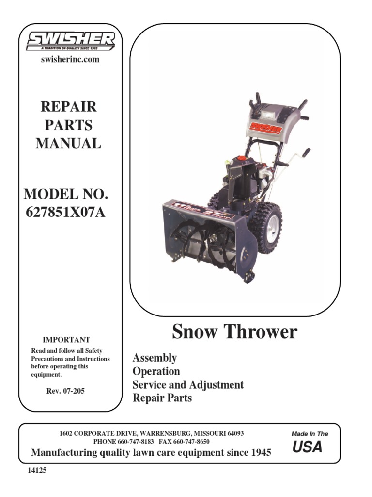 Swisher 627851X07A Snow Thrower Parts Manual PDF Screw Nut (Hardware)