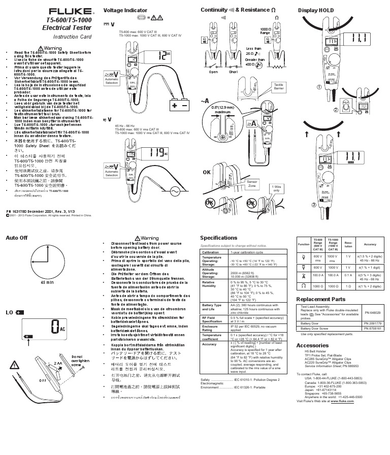 Fluke T5600 / T51000 Electrical Tester Instruction Card Fahrenheit
