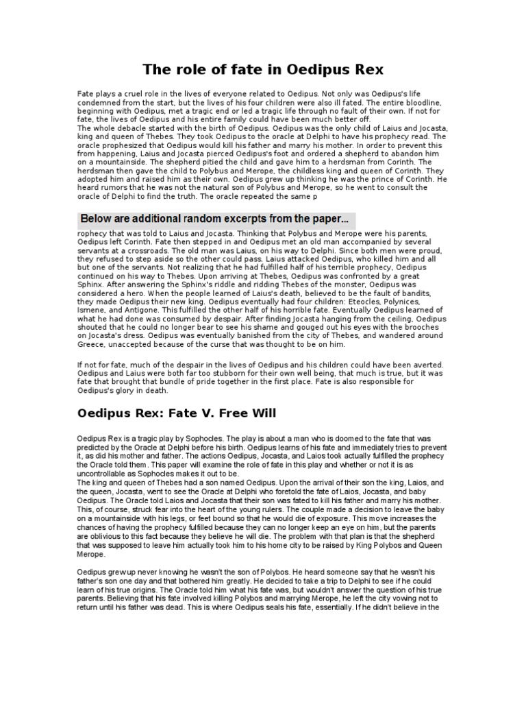 The Role of Fate in Oedipus Rex PDF Oedipus Ancient Thebes (Boeotia)