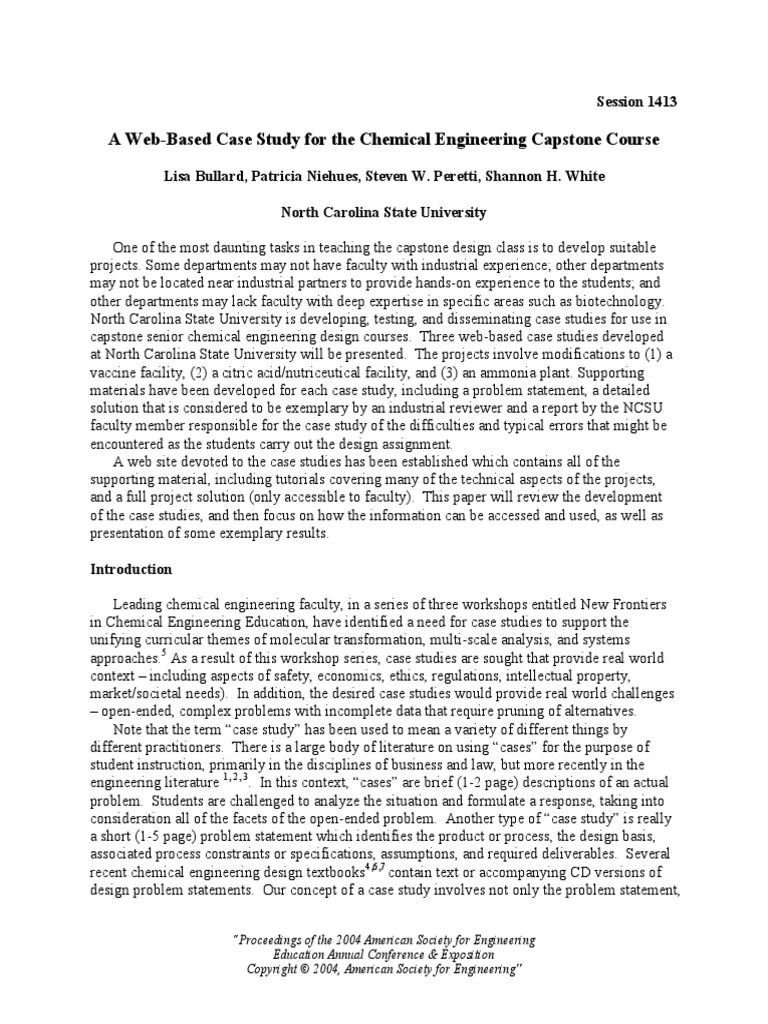 A Web Based Case Study For The Chemical Engineering Capstone Course ...