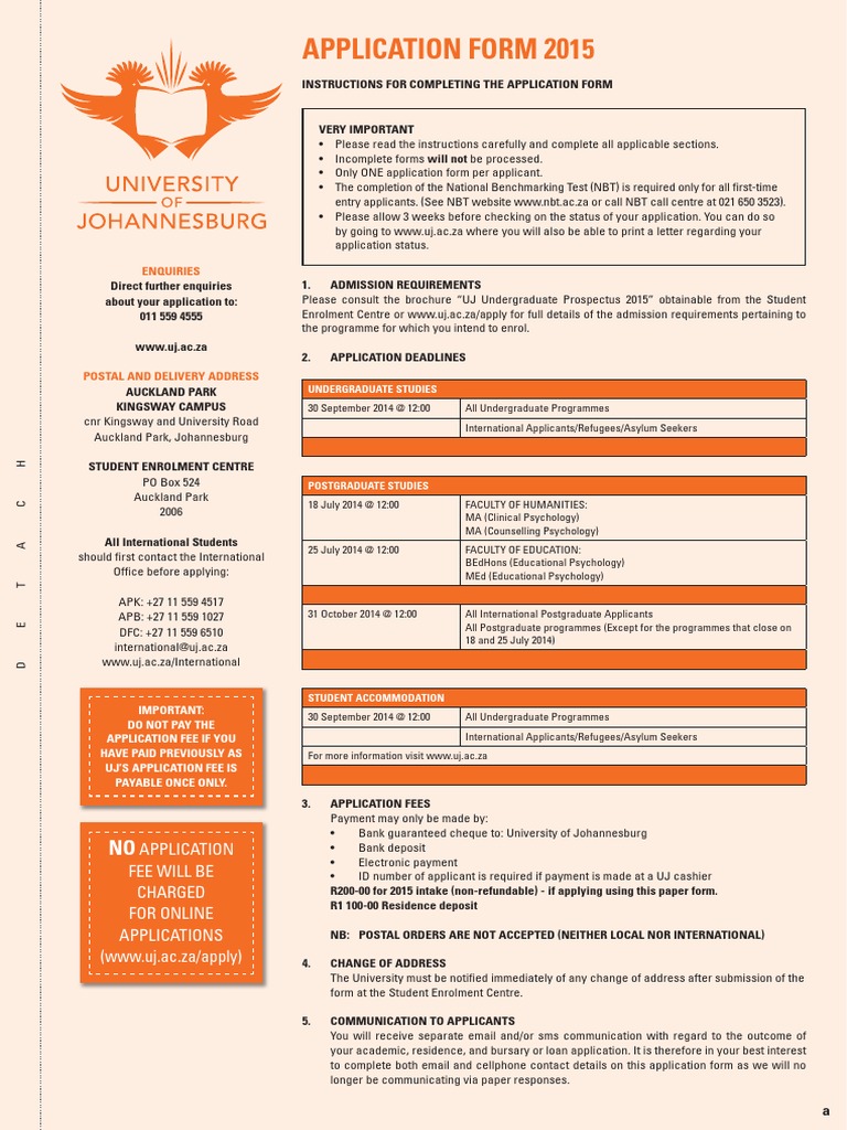 UJ Application Form 2015 WEB PDF Diploma Postgraduate Education