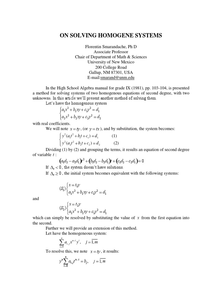 Methods for Solving Homogeneous Systems | PDF | System Of Linear ...