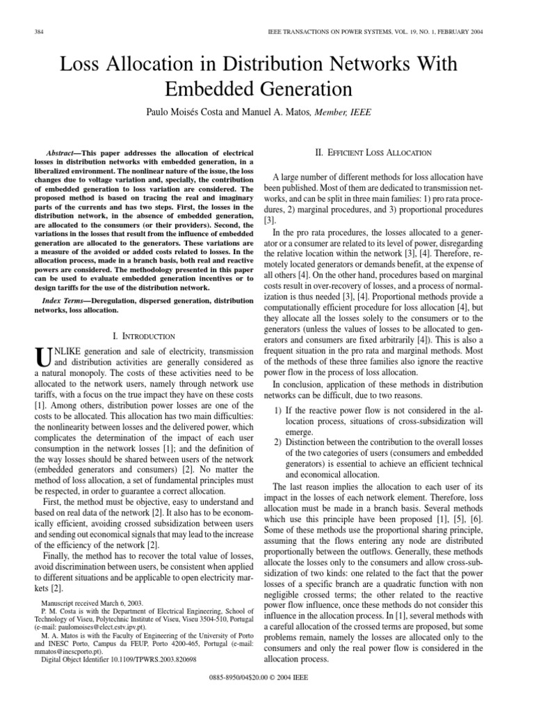 Loss Allocation in Distribution Networks With Embedded Generation | PDF
