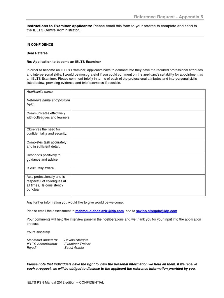 IELTS Examiner Reference Request Template | PDF