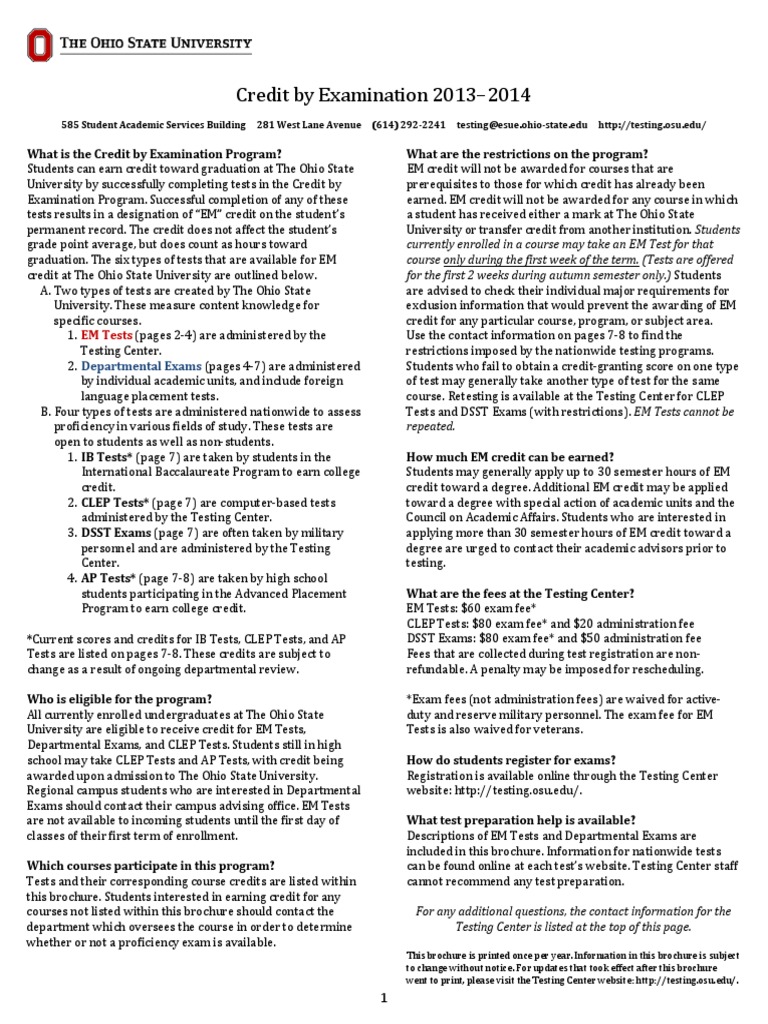 Ohio State Credit by Exam Guide | PDF | College Level Examination ...