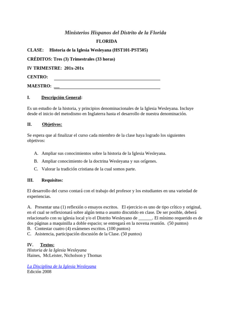 Historia de La Iglesia WesleyanaProntuario y Libro de Texto