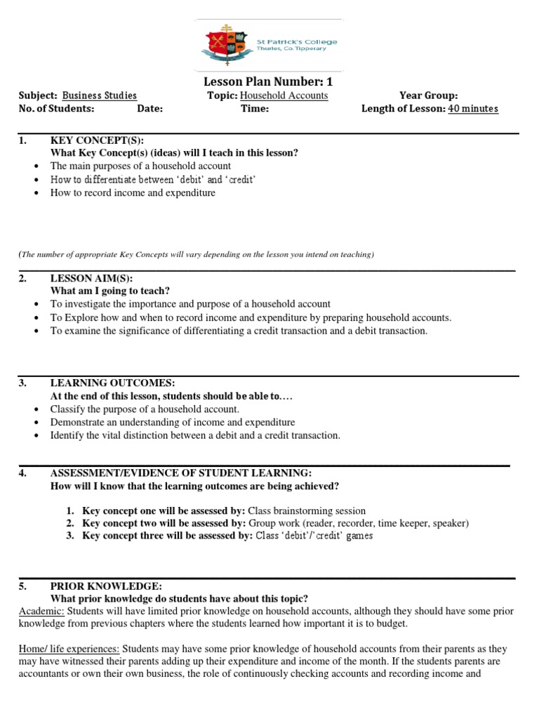 Household Accounts Lesson Plan | PDF | Debits And Credits | Brainstorming