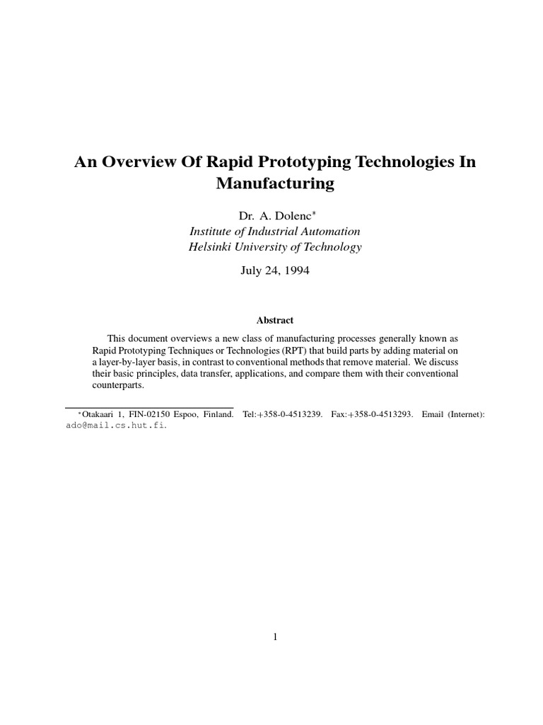 Overview of Rapid Prototyping Technologies | PDF | 3 D Modeling ...