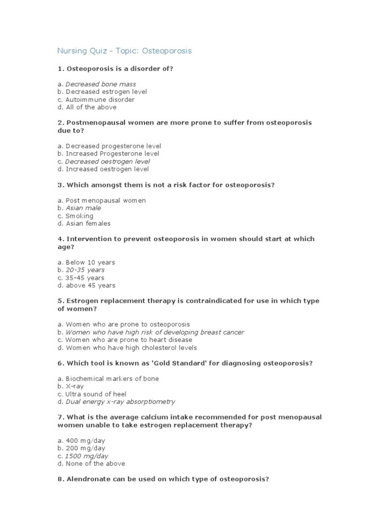 Nursing Quiz Osteoporosis PDF Osteoporosis Hormone Replacement