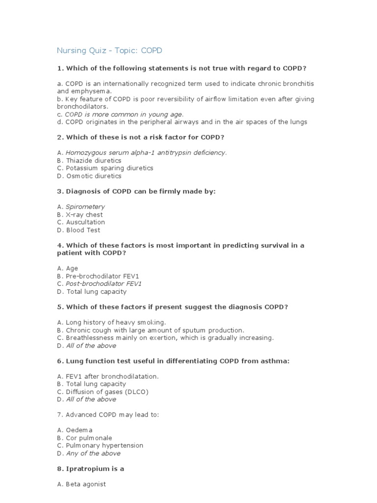 Nursing Quiz - COPD | PDF | Chronic Obstructive Pulmonary Disease ...