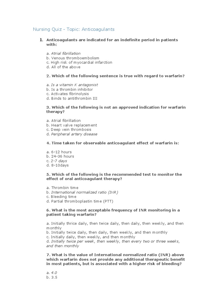Nursing Quiz Anticoagulants PDF Body Fluids Tissue (Biology)