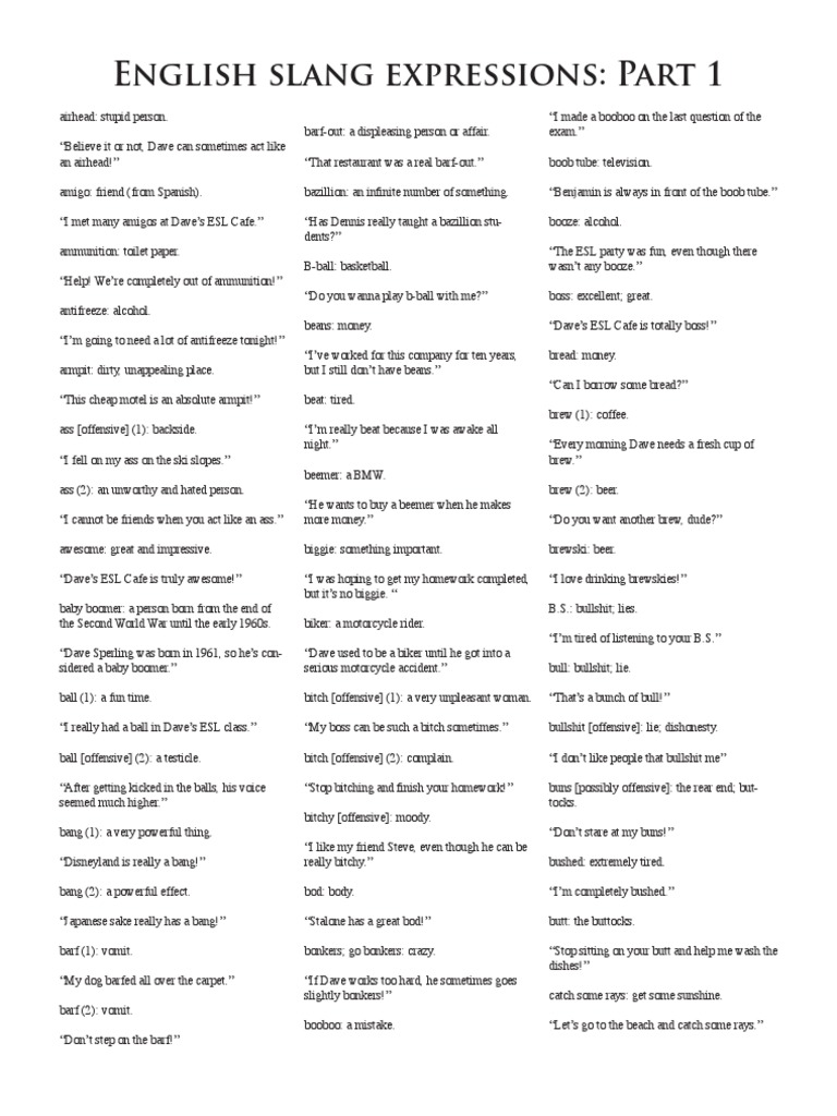Slang Expresssions Part 1 PDF Urine Beverages
