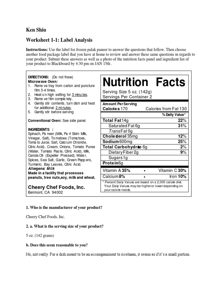 Nutrition Label Worksheet Answer