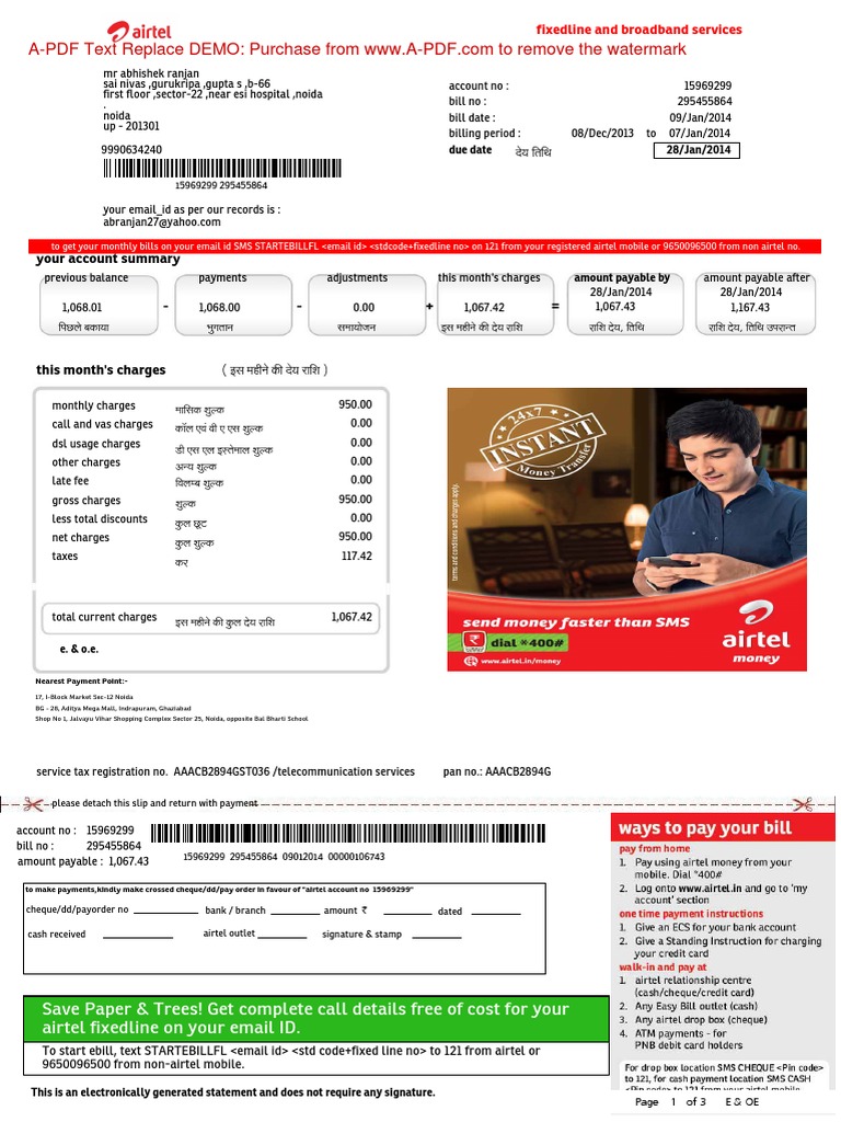 Airtel Fixed Line & Broadband Bill Summary | PDF | Cheque | Tariff