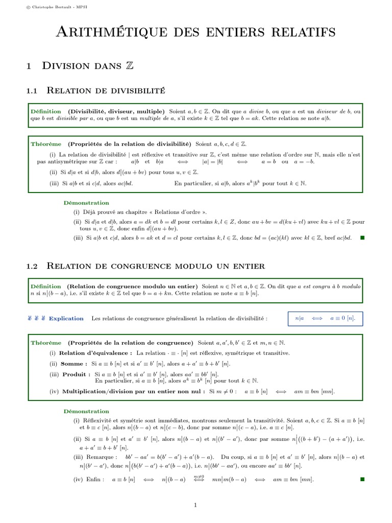Cours Arithmetique Des Entiers Relatifs 14 PDF Entier naturel Algèbre générale