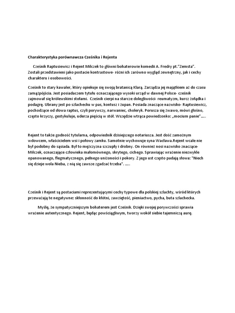 Charakterystyka Porównawcza Cześnika I Rejenta