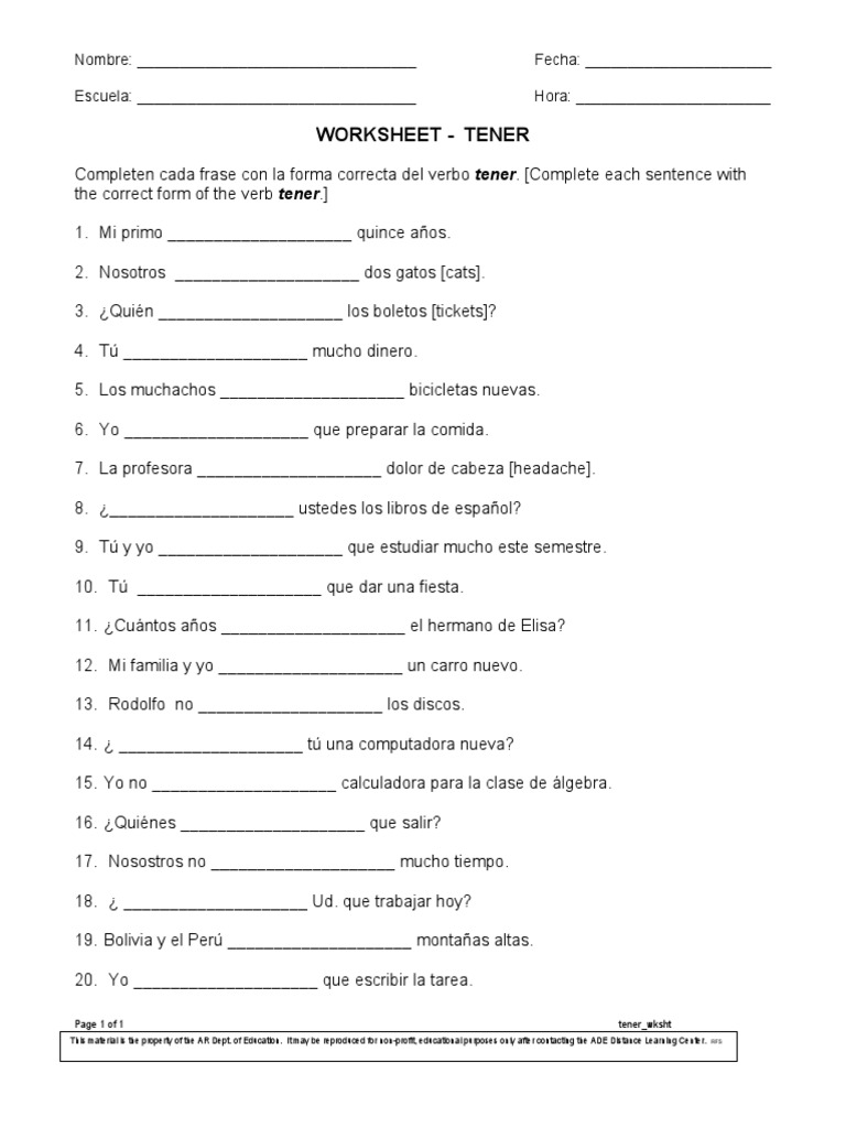 Worksheet 3 1 The Verb Tener