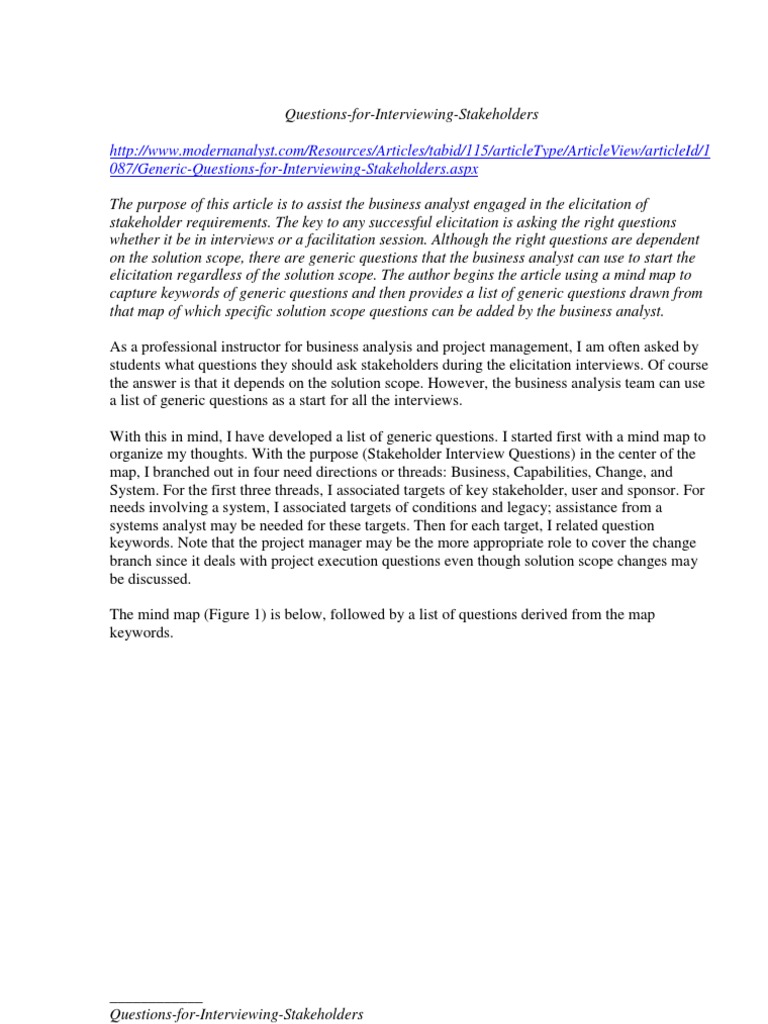 Questions For Interviewing Stakeholders, Mindmap | PDF | Business ...