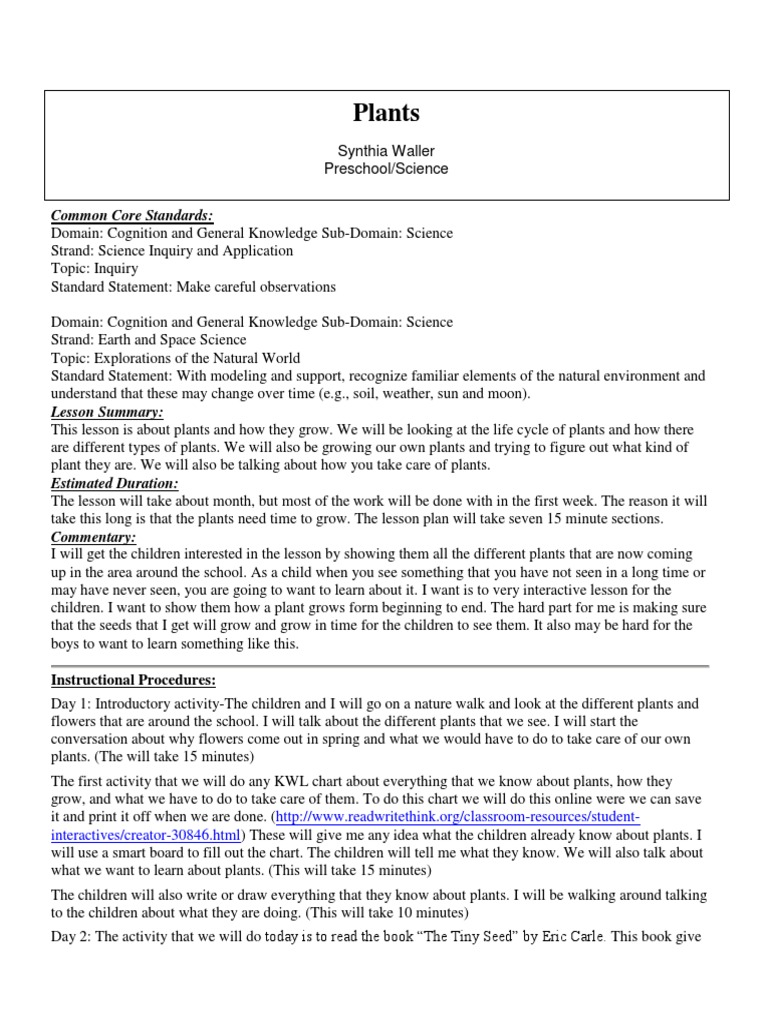 Plant Lesson Plan | PDF | Cognition | Teaching And Learning