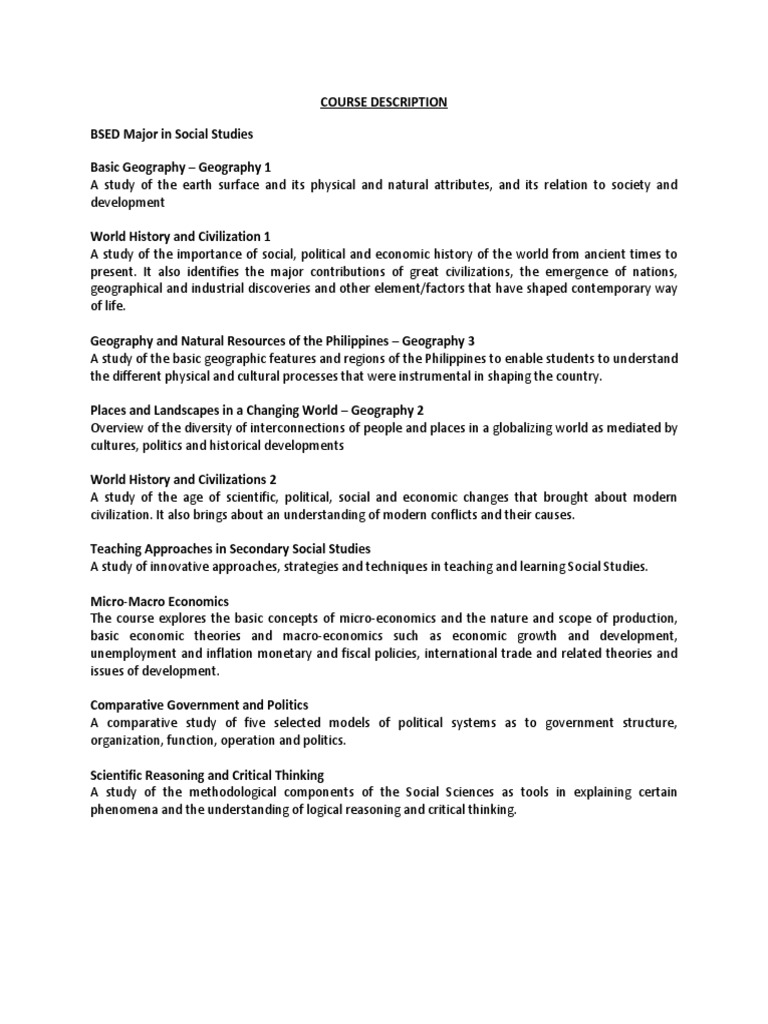 Course Description Bsed Major in Social Studies PDF Social Science