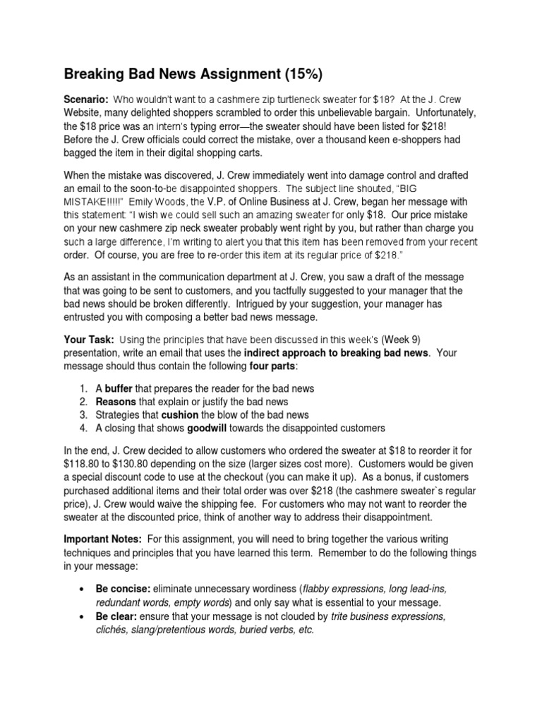 Breaking Bad News Assignment Paragraph Email