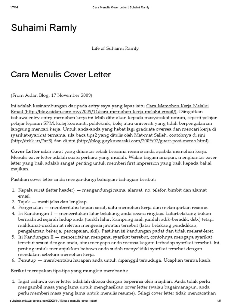 Contoh Cover Letter Bahasa Melayu Untuk Memohon Kerja 