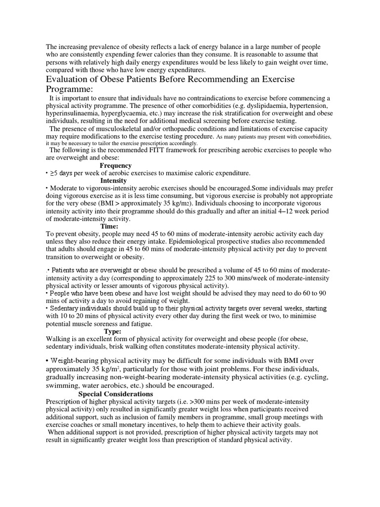 Obesity Exercise Guidelines & FITT Framework | PDF | Obesity | Physical ...