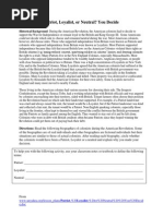 Fifth Grade Revolution Lesson 10 PT 2 Patriot Loyalist or Neutral-You Decide Activity