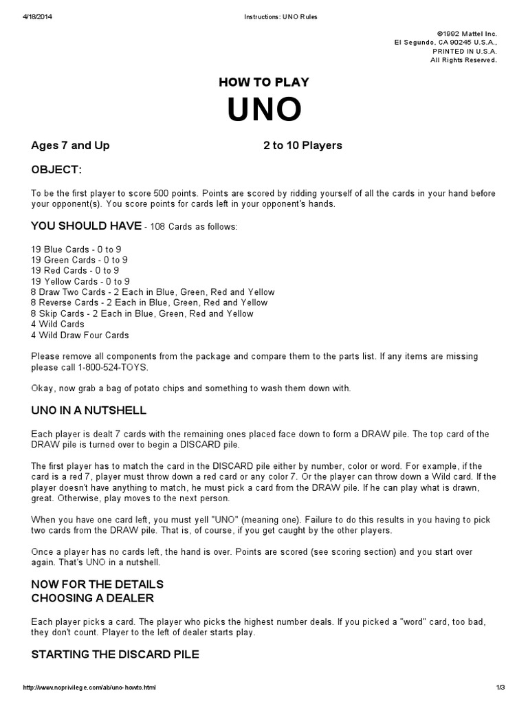 UNO Rules pdf Leisure Activities Games Of Mental Skill