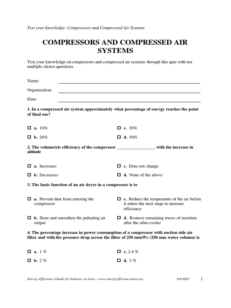 Quiz Compressors and Compressed Air Systems PDF Gas Compressor