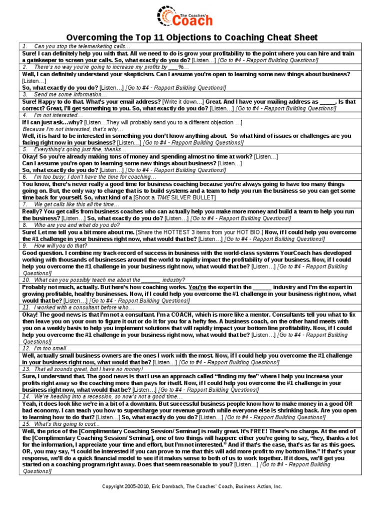 Business Coaching Objection Buster Cheat Sheet | PDF | Economics ...