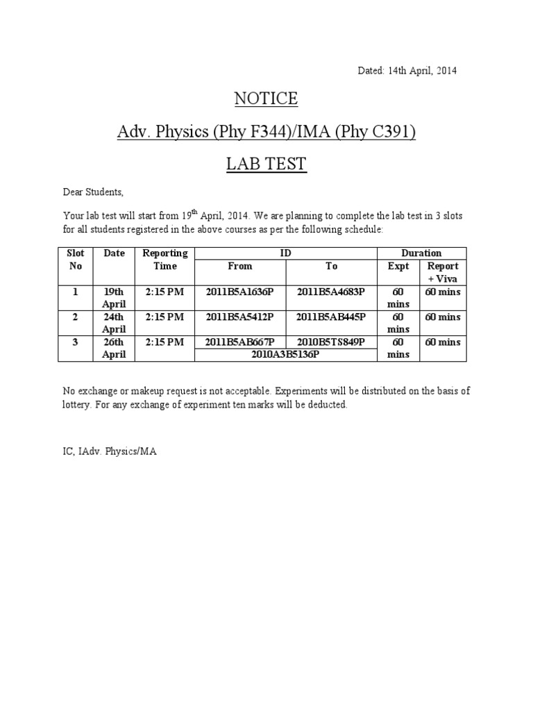 Adv. Physics Lab Test Schedule 2014 | PDF