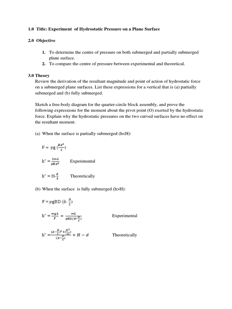 Hydrostatic Pressure Plane Surface Pdf Experiment Kilogram
