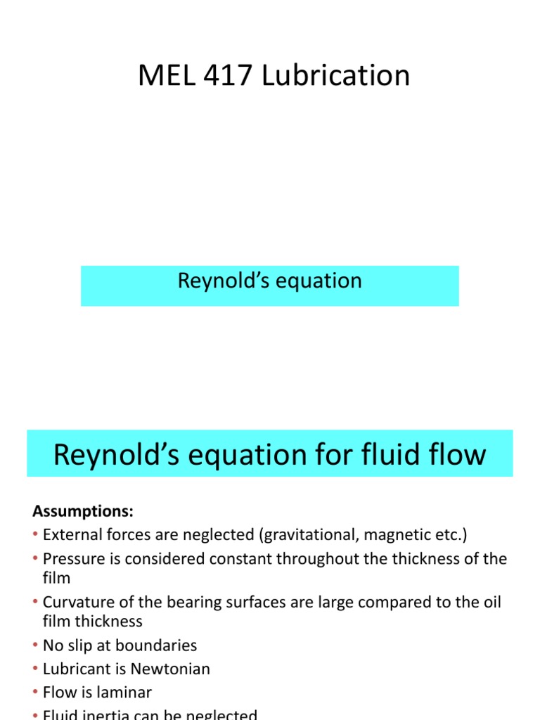 Reynold's Equation in Fluid Lubrication | PDF | Shear Stress | Viscosity