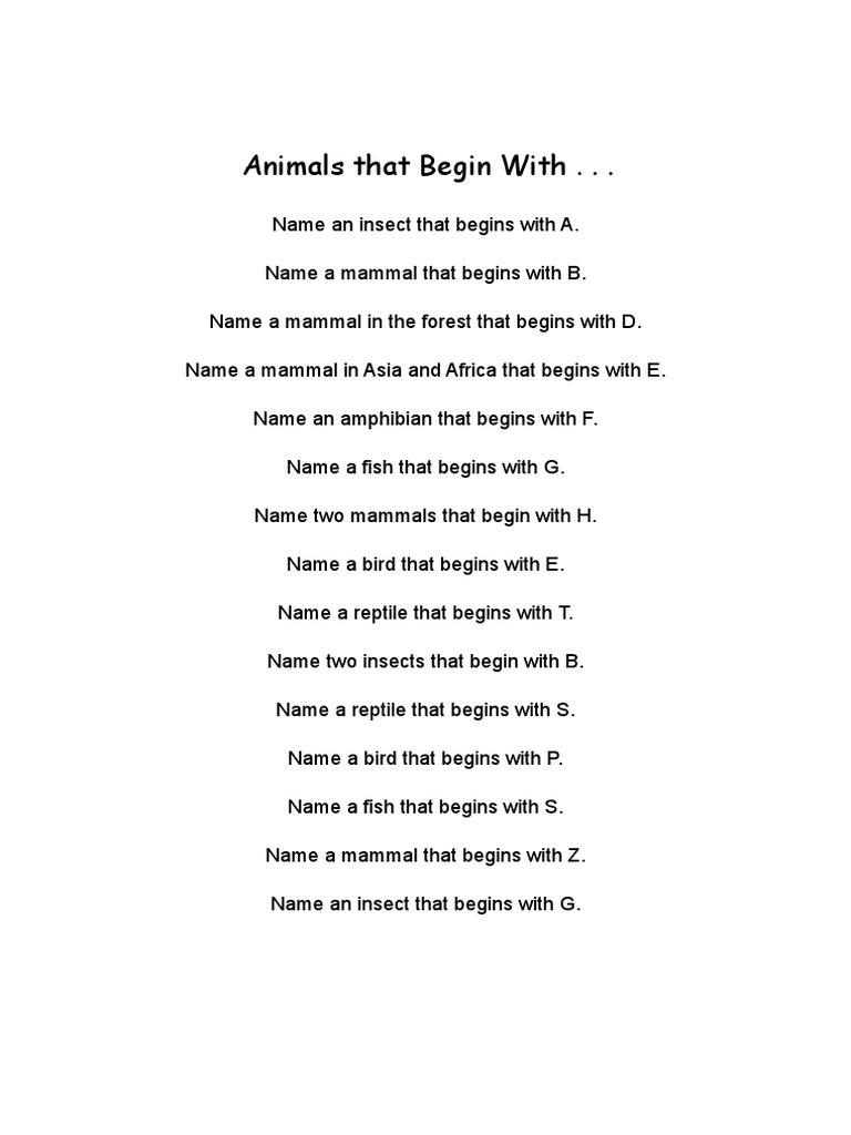 Animals That Begin With - . | PDF