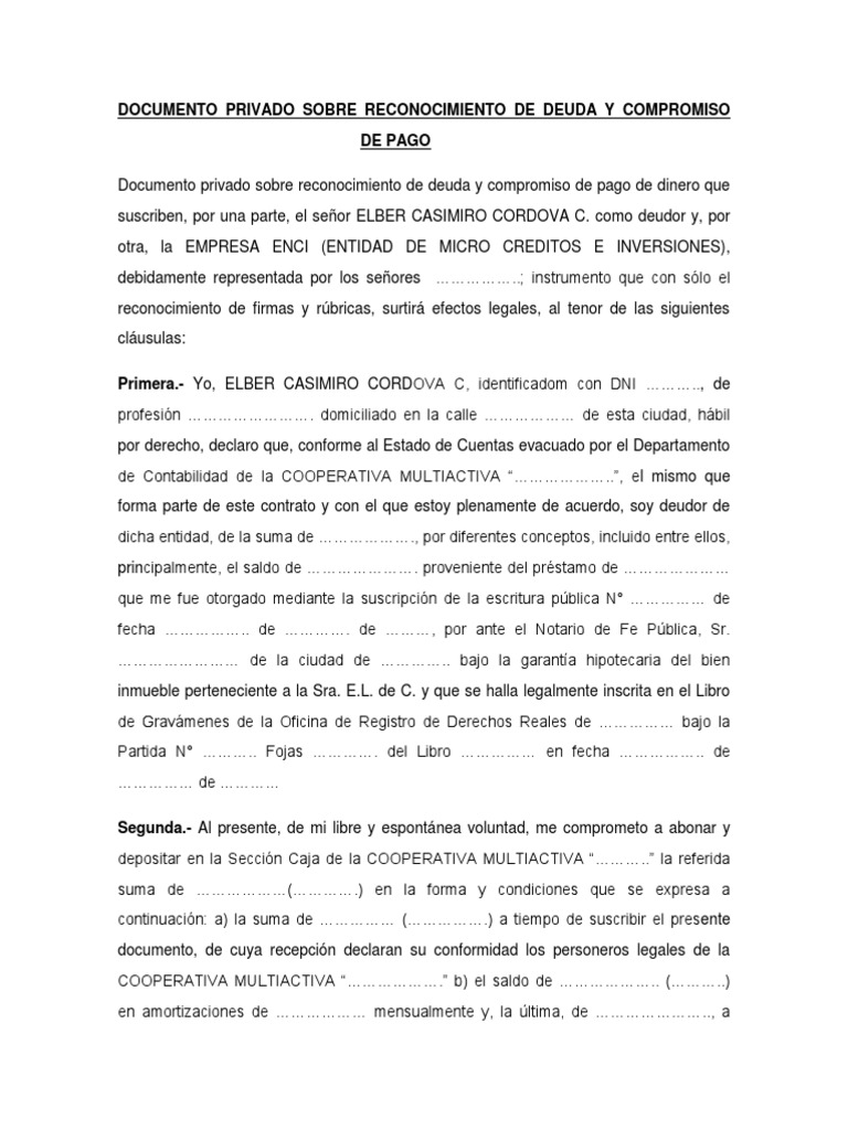 Contrato de Reconocimiento de Deuda y Compromiso de Pago PDF Pagos