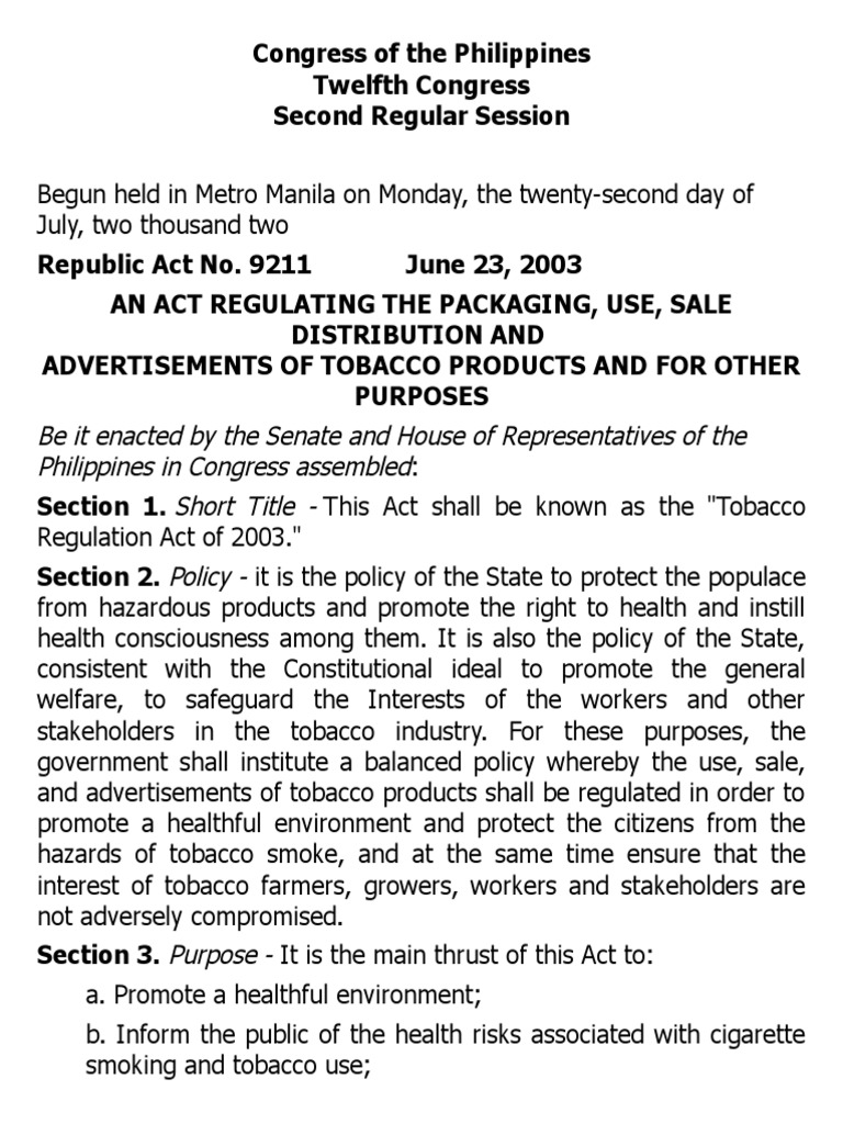 the tobacco regulation act of 2003 is also known as and Products Tobacco Regulation Act of 2003