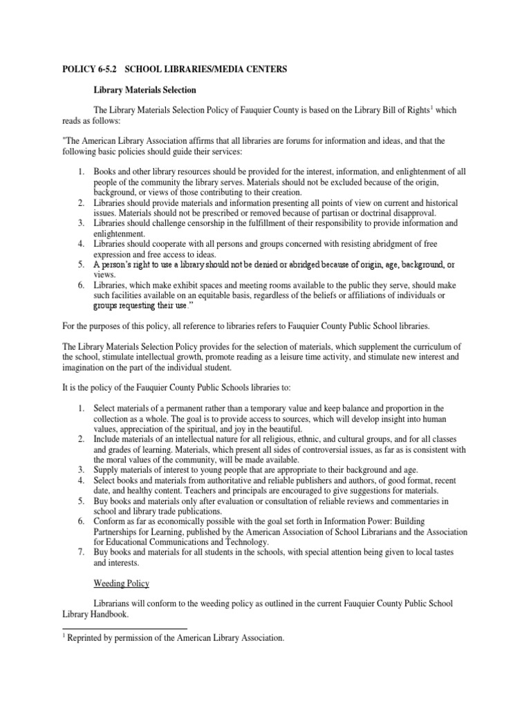 Fauquier School Board Policy On Library Materials Selection. | PDF ...
